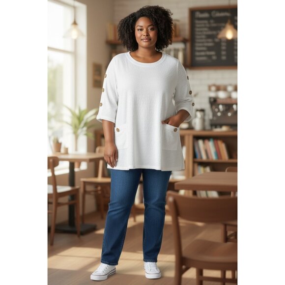 White Textured Cotton Tunic Top W/ Button Detail & Pockets Focus Brand XL - Picture 1 of 9